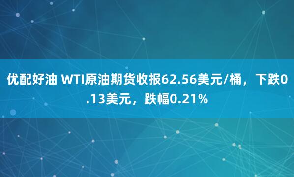 优配好油 WTI原油期货收报62.56美元/桶，下跌0.13美元，跌幅0.21%